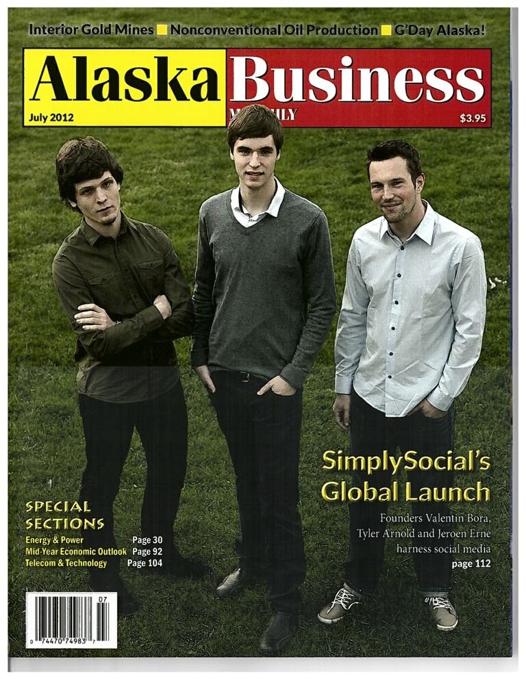 Cover of Alaska Business Monthly, July 2012, featuring the SimplySocial founders.