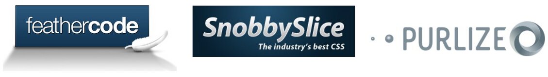 FeatherCode, SnobbySlice, and Purlize brand logos in a horizontal montage.